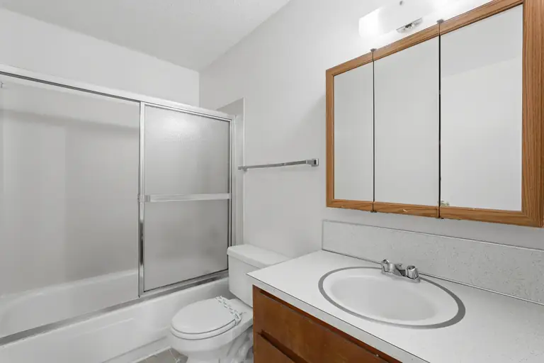 Bathroom with tub and sliding glass doors, vanity and mirrored cabinet